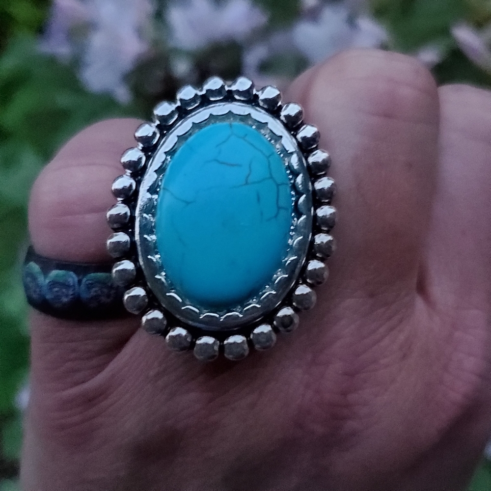 Free Spirit Boho Native South Western People Faux Turquoise Oval Beaded Ring nwt - Picture 9 of 15